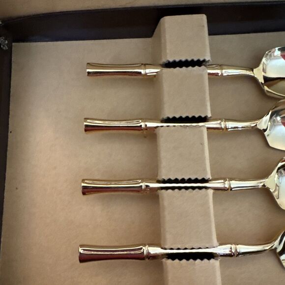 Supreme Cutlery 4 Gold Electroplated Grapefruit Fruit Spoons Bamboo, Boxed Set - Picture 3 of 9